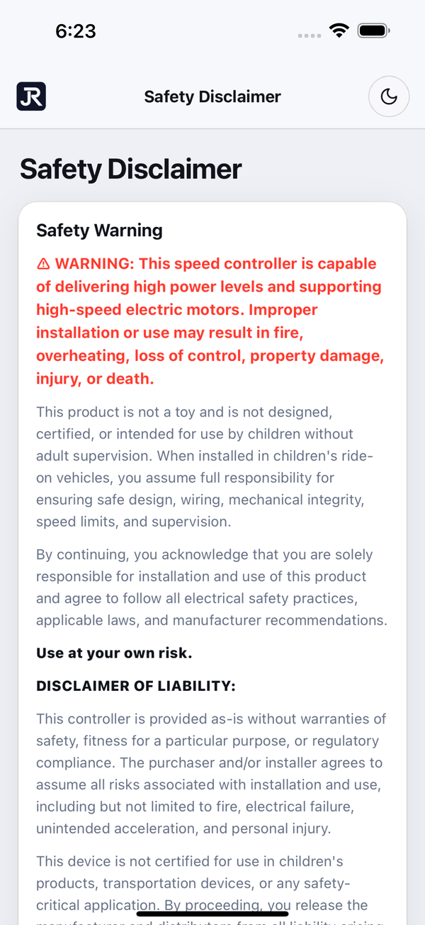 JARA Motor Control setup — Safety disclaimer