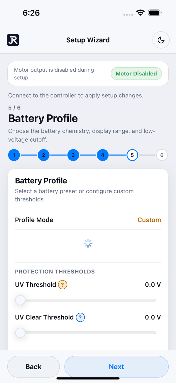 JARA Motor Control setup — Battery profile