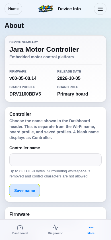 Production route rendered from firmware-served assets; board features reflect DRV1100BDV5.