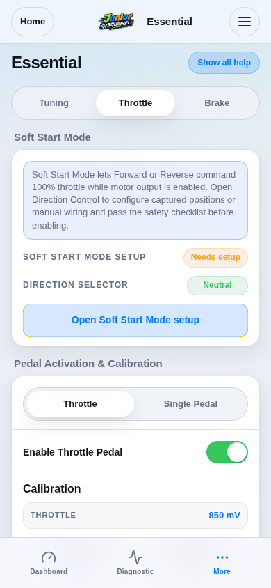 Essential Throttle tab and live simulated sensor inputs.