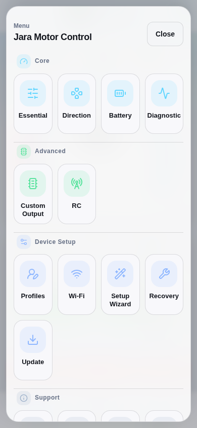 Actual production navigation menu, opened through its menu button.