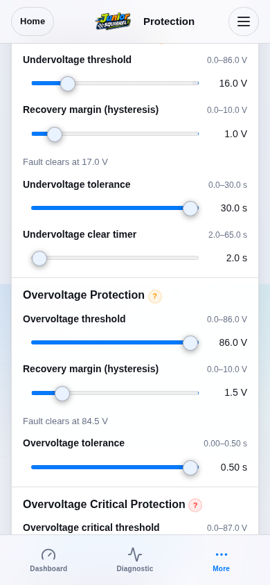 Voltage Protection saved thresholds / recovery controls; UI reference, no additional physical fault validation.